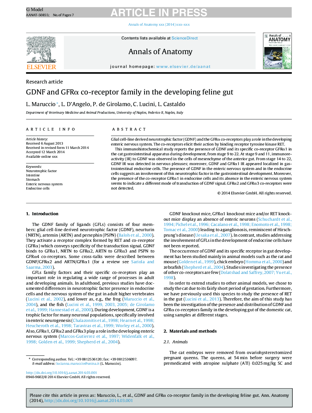 GDNF and GFRÎ± co-receptor family in the developing feline gut