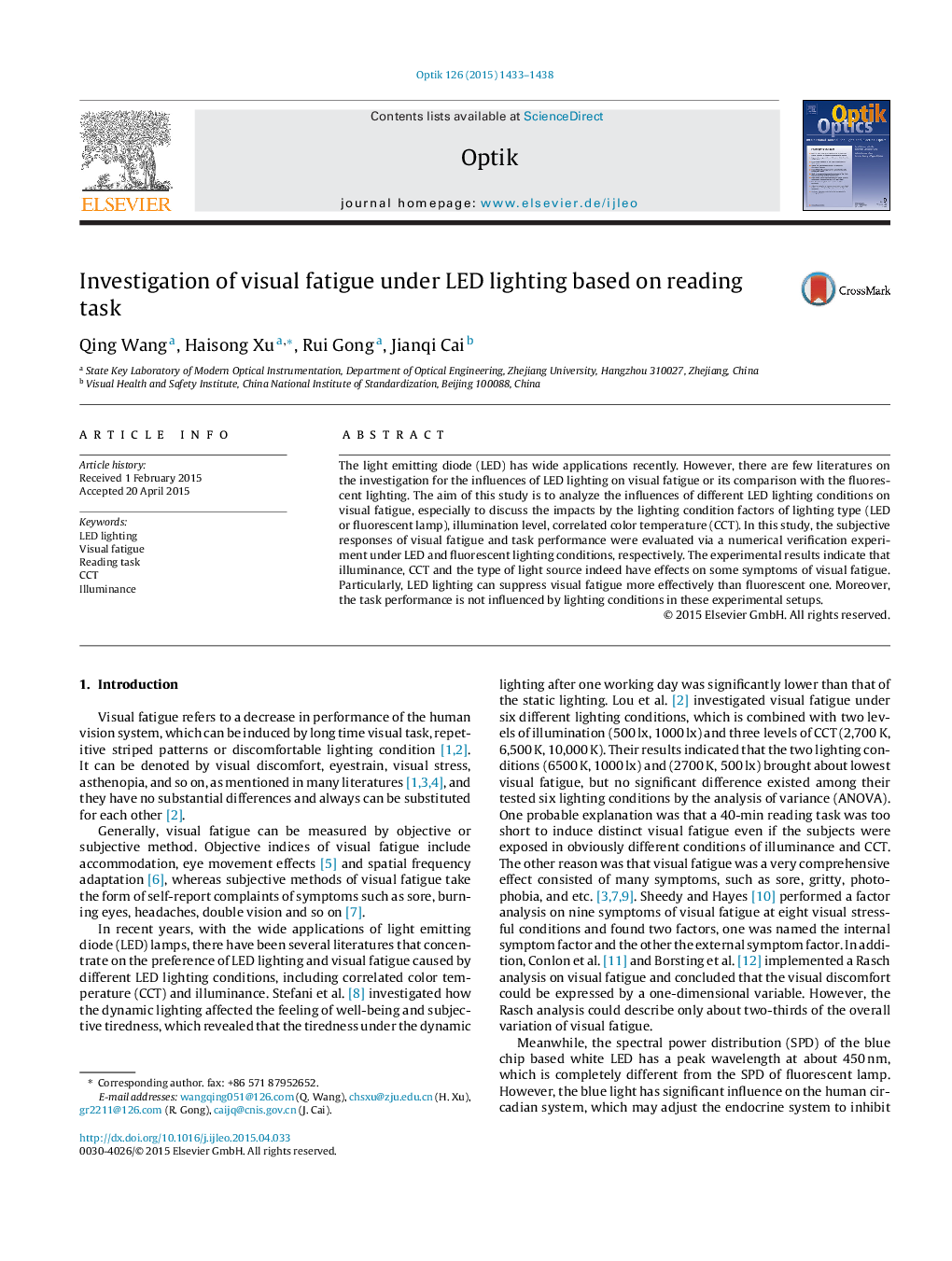 Investigation of visual fatigue under LED lighting based on reading task