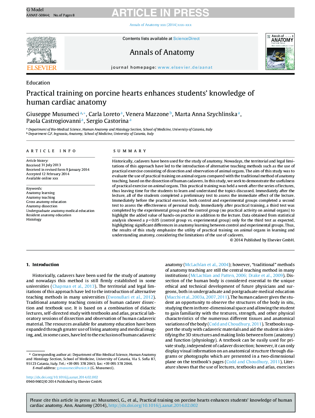 Practical training on porcine hearts enhances students' knowledge of human cardiac anatomy