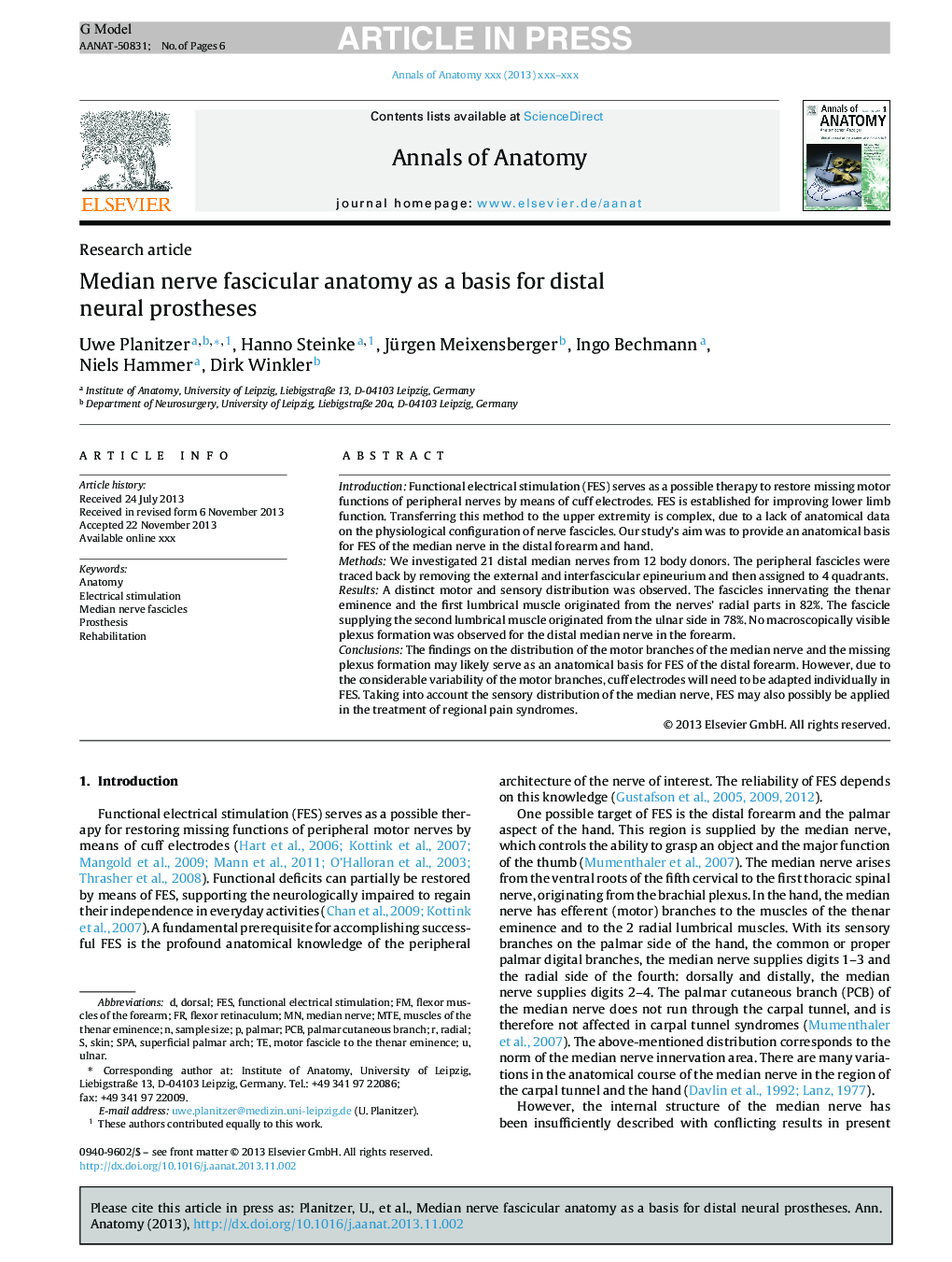 Median nerve fascicular anatomy as a basis for distal neural prostheses