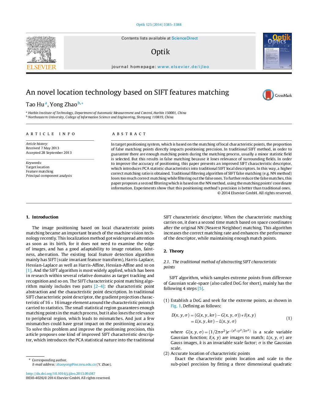 عکس صفحه اول مقاله: An novel location technology based on SIFT features matching An novel location technology based on SIFT features matching