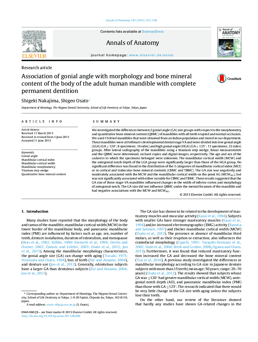 Association of gonial angle with morphology and bone mineral content of the body of the adult human mandible with complete permanent dentition