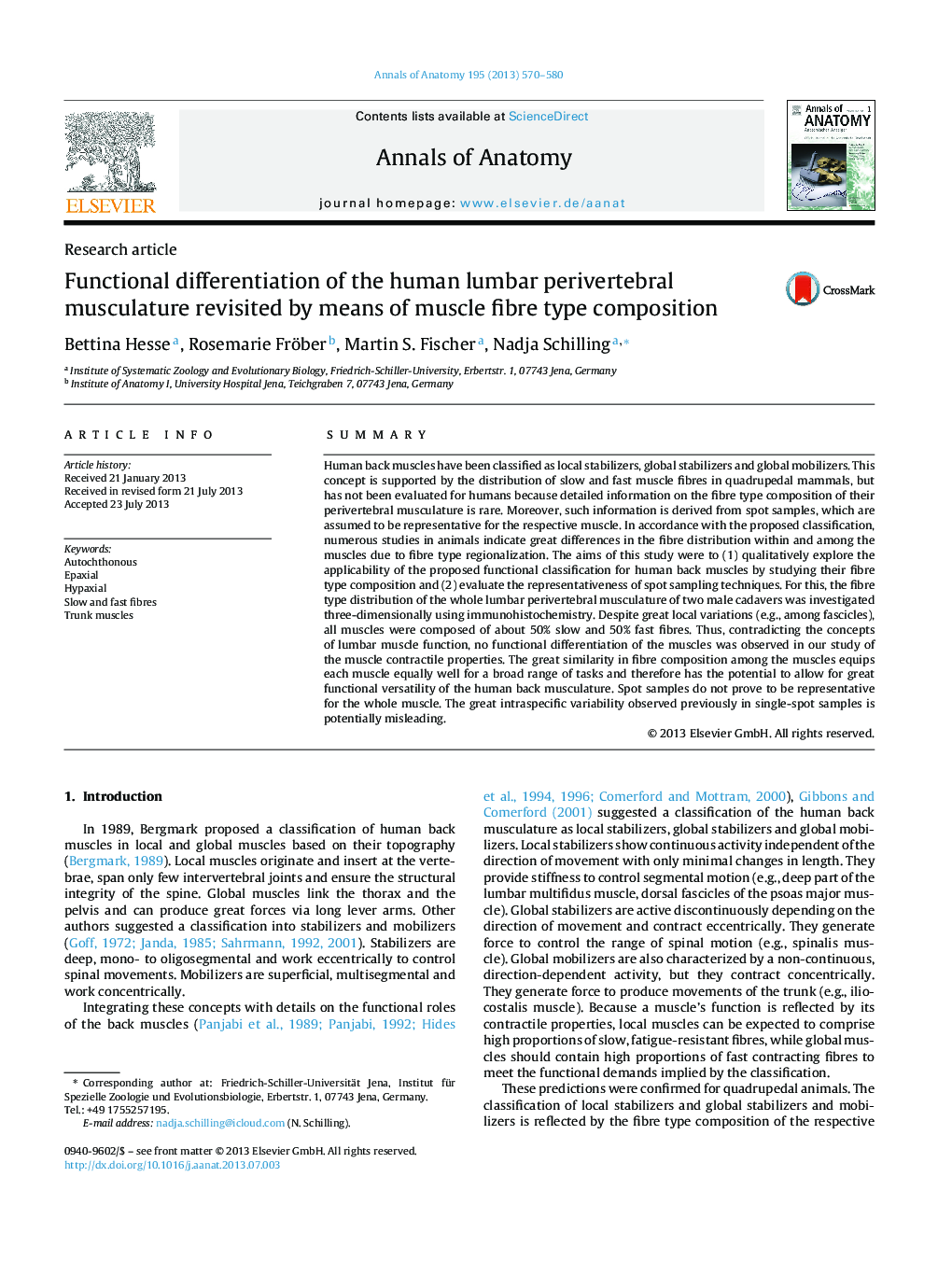 Functional differentiation of the human lumbar perivertebral musculature revisited by means of muscle fibre type composition