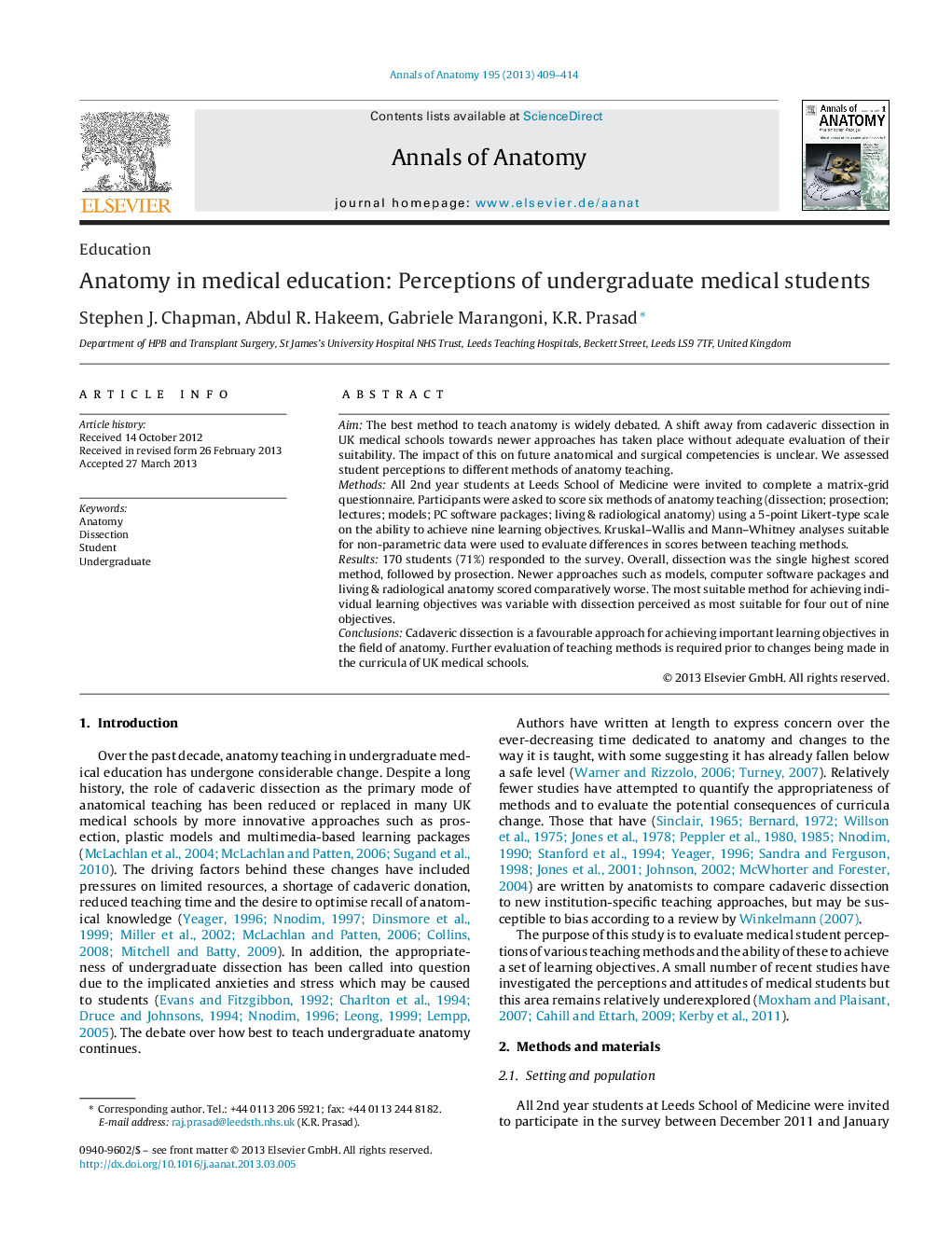 Anatomy in medical education: Perceptions of undergraduate medical students