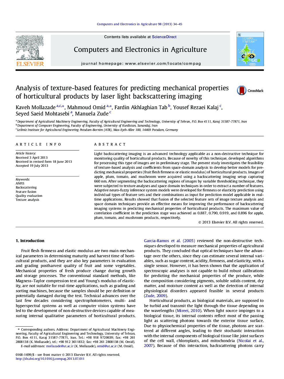 Analysis of texture-based features for predicting mechanical properties of horticultural products by laser light backscattering imaging
