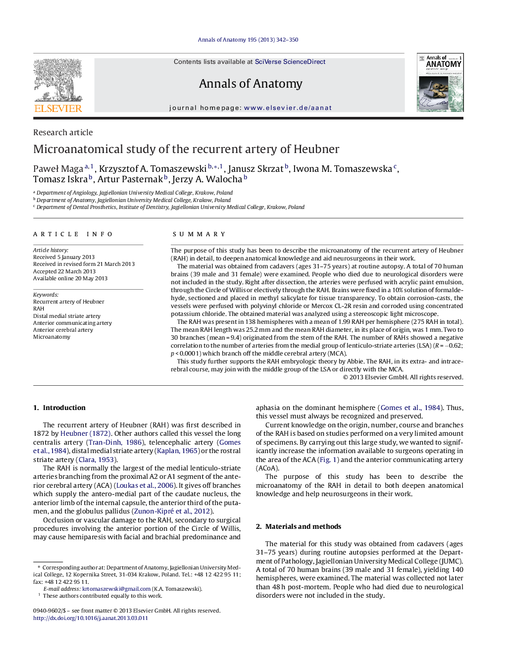 Microanatomical study of the recurrent artery of Heubner