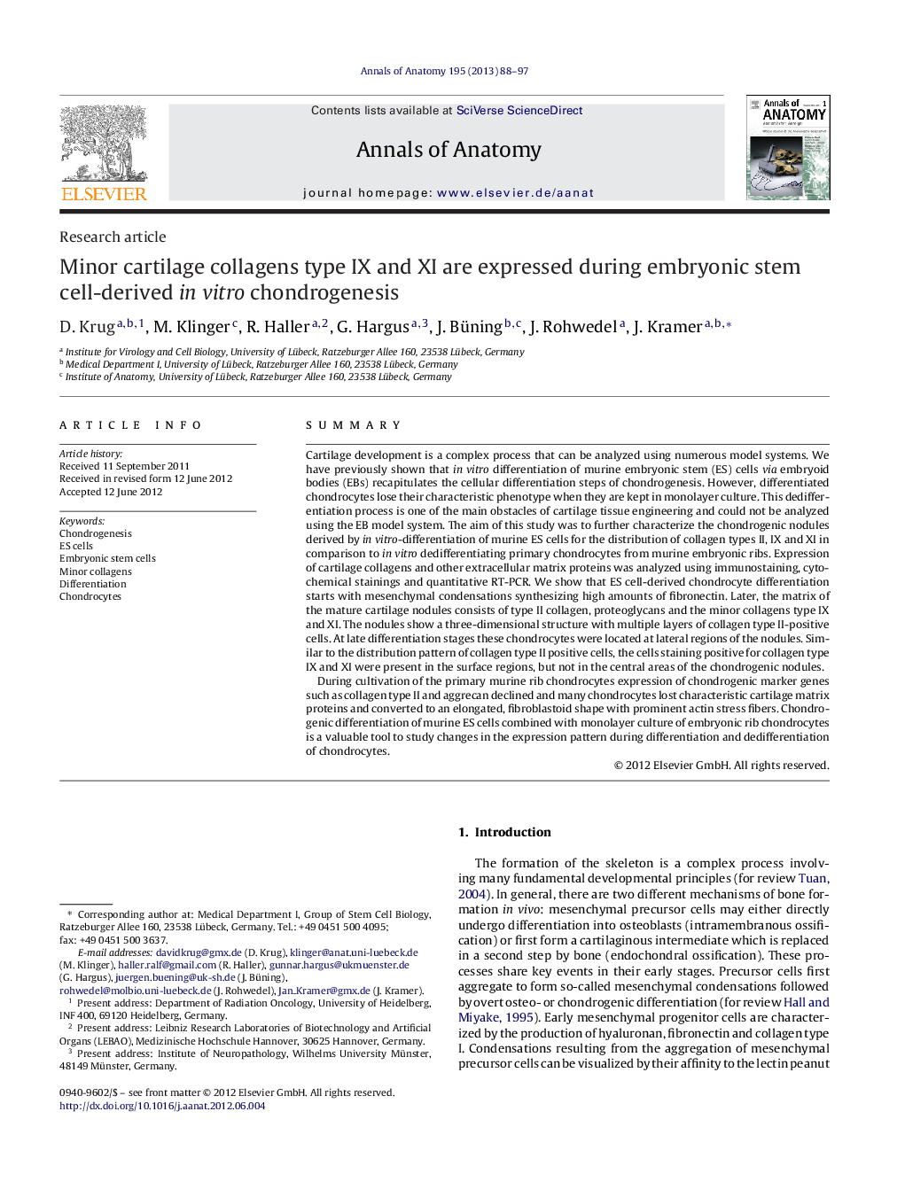 عکس صفحه اول مقاله: Minor cartilage collagens type IX and XI are expressed during embryonic stem cell-derived in vitro chondrogenesis Minor cartilage collagens type IX and XI are expressed during embryonic stem cell-derived in vitro chondrogenesis
