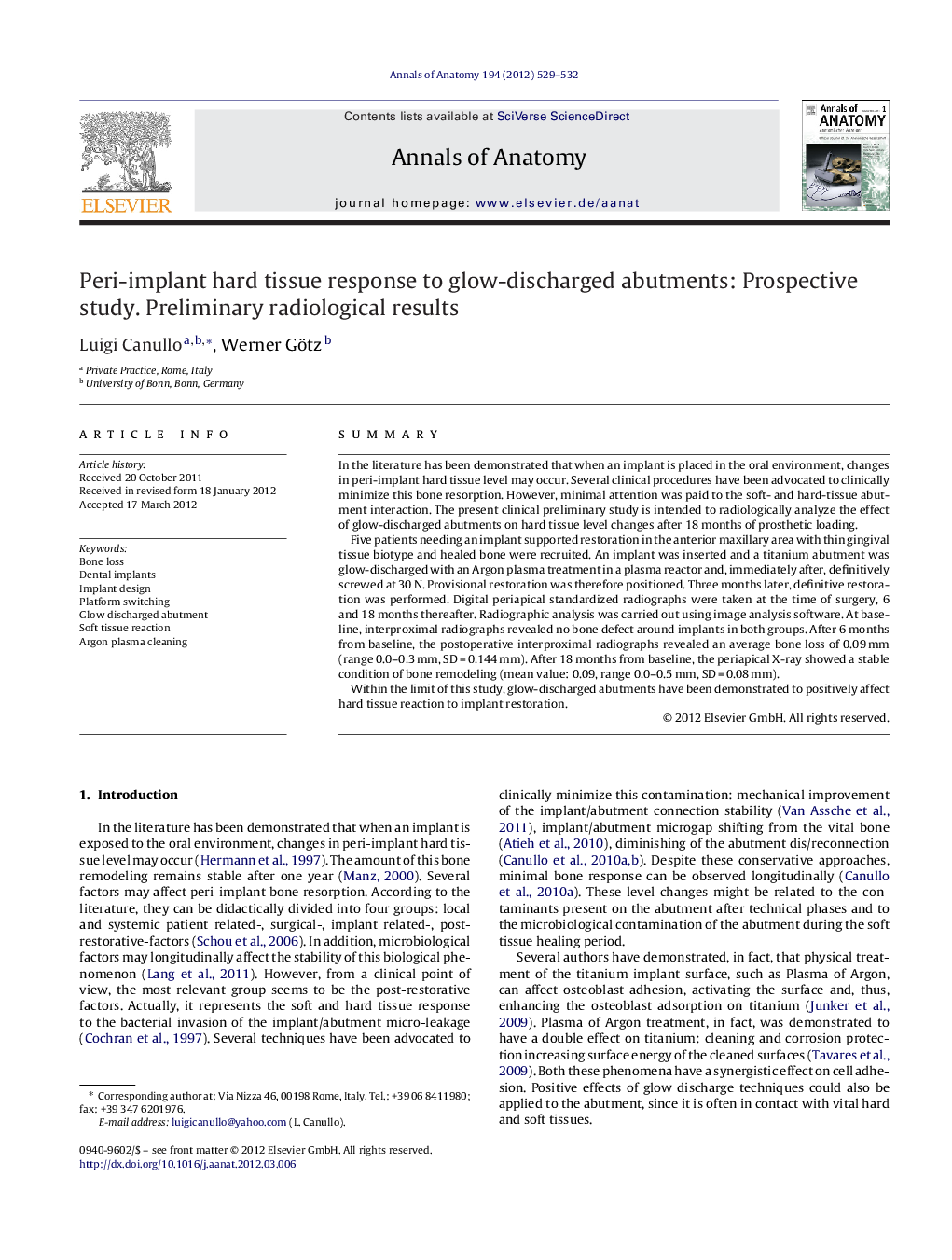 Peri-implant hard tissue response to glow-discharged abutments: Prospective study. Preliminary radiological results