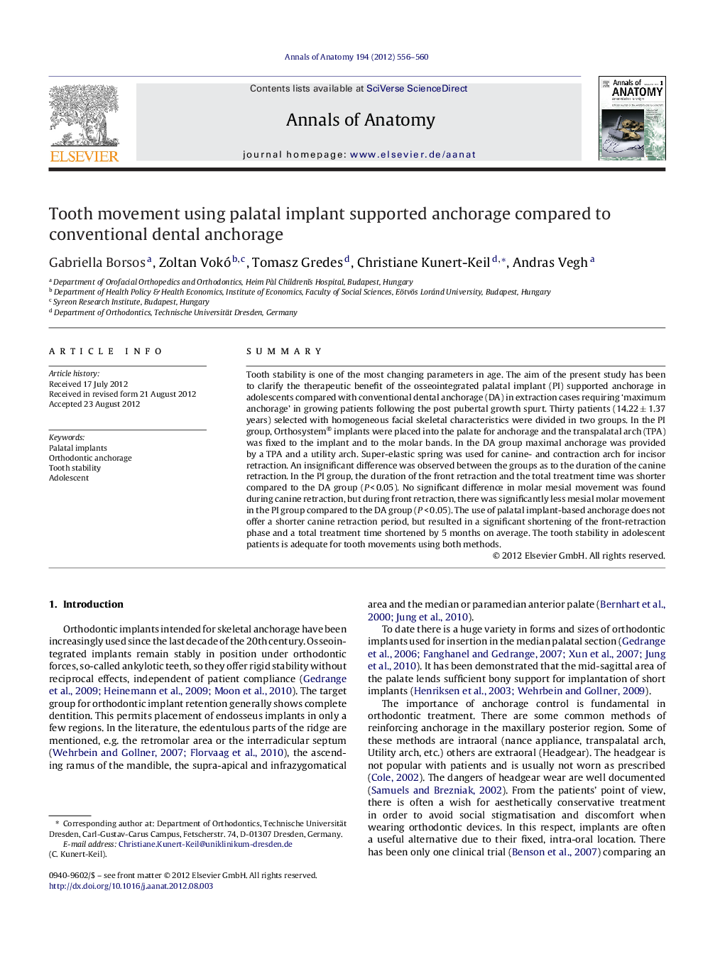 Tooth movement using palatal implant supported anchorage compared to conventional dental anchorage