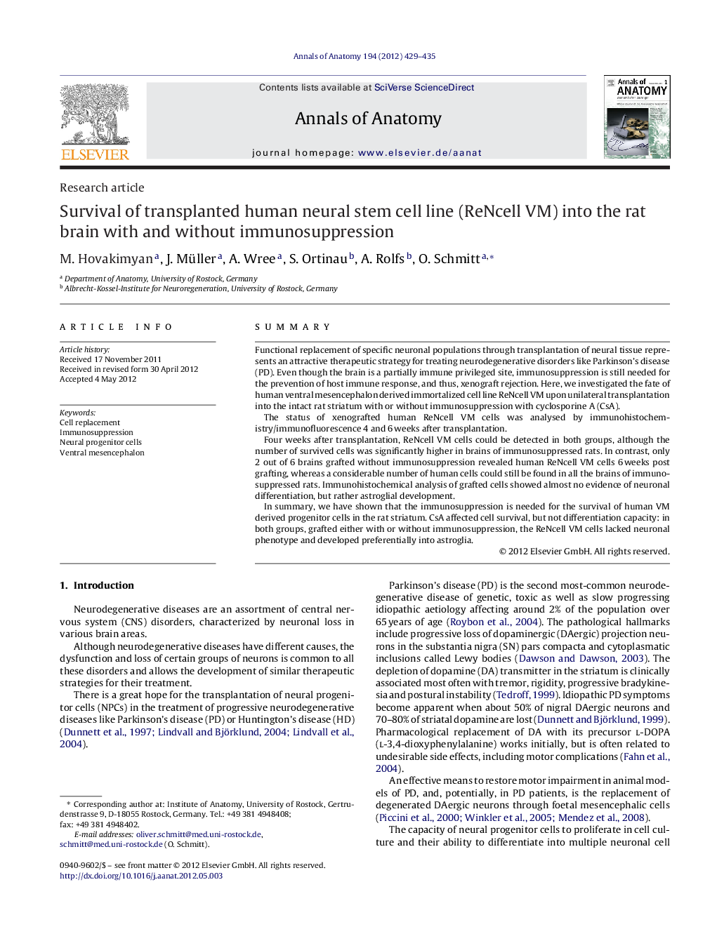 Survival of transplanted human neural stem cell line (ReNcell VM) into the rat brain with and without immunosuppression