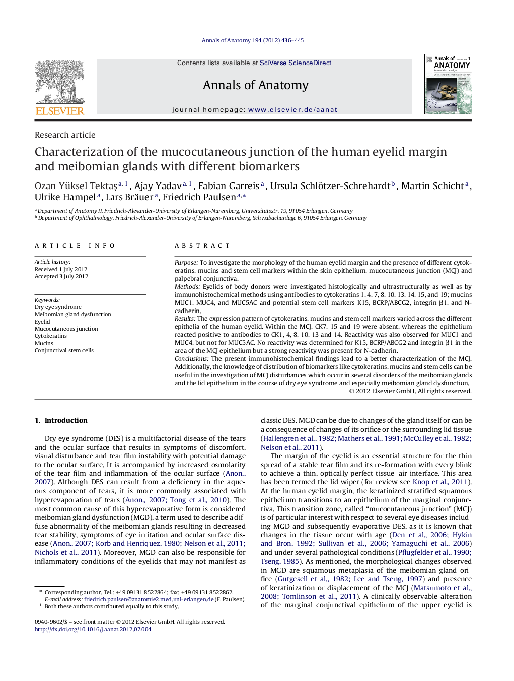 Characterization of the mucocutaneous junction of the human eyelid margin and meibomian glands with different biomarkers