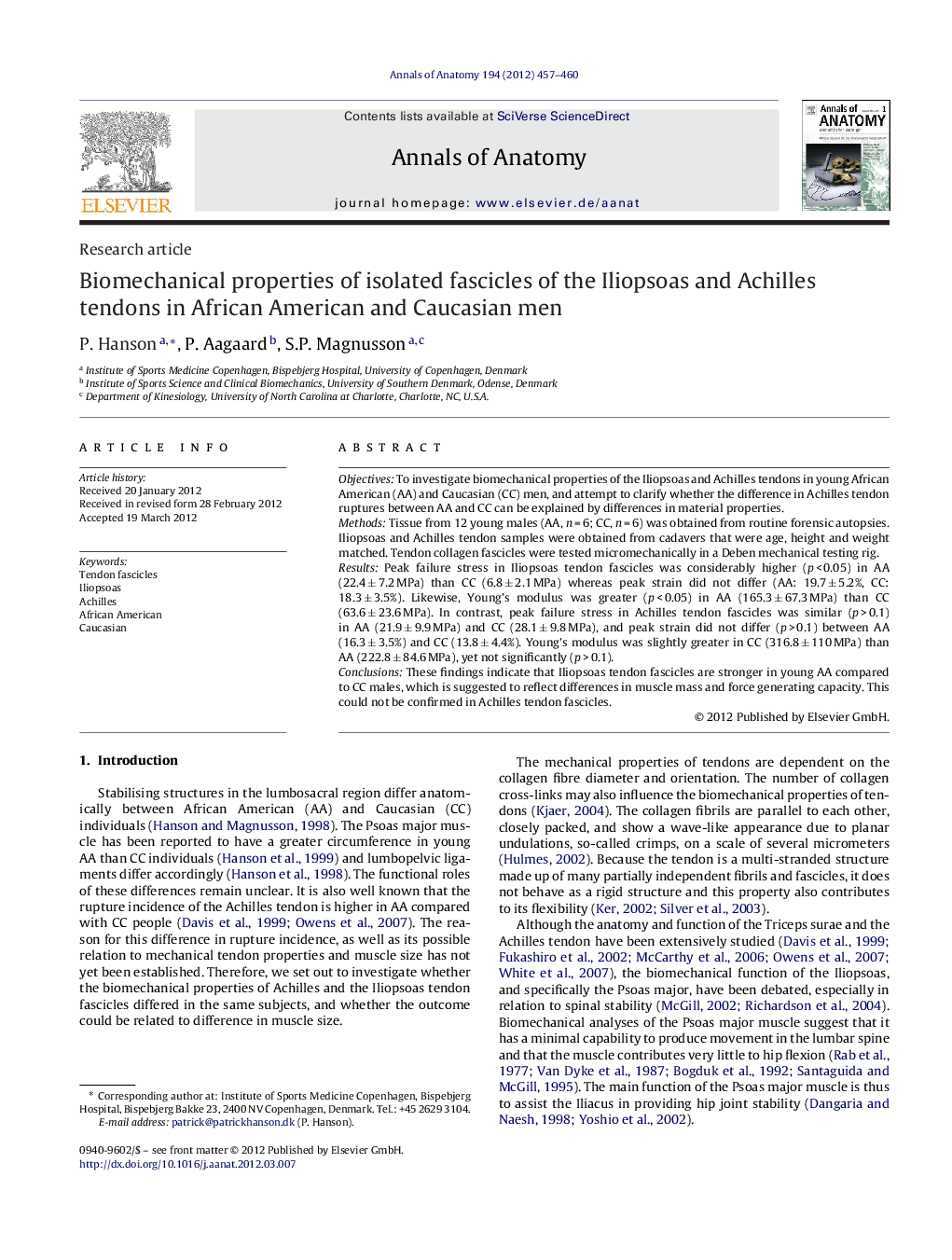 Biomechanical properties of isolated fascicles of the Iliopsoas and Achilles tendons in African American and Caucasian men