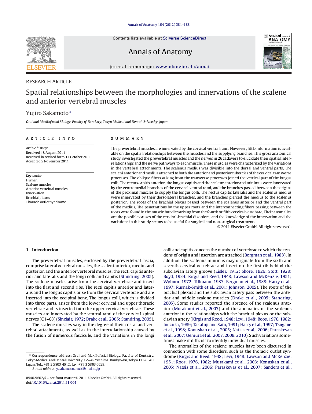 Spatial relationships between the morphologies and innervations of the scalene and anterior vertebral muscles