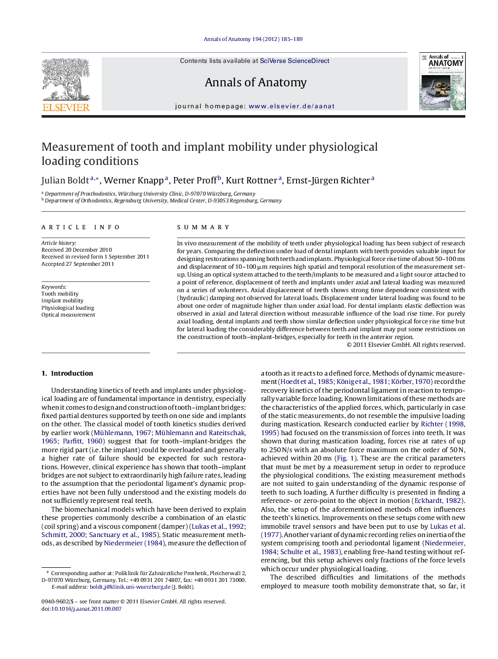 Measurement of tooth and implant mobility under physiological loading conditions