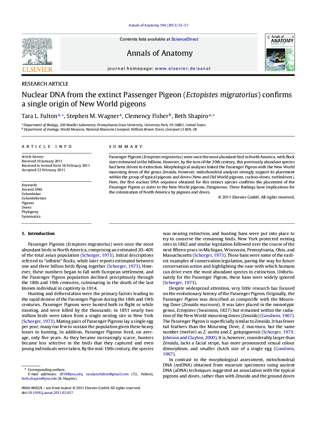 Nuclear DNA from the extinct Passenger Pigeon (Ectopistes migratorius) confirms a single origin of New World pigeons