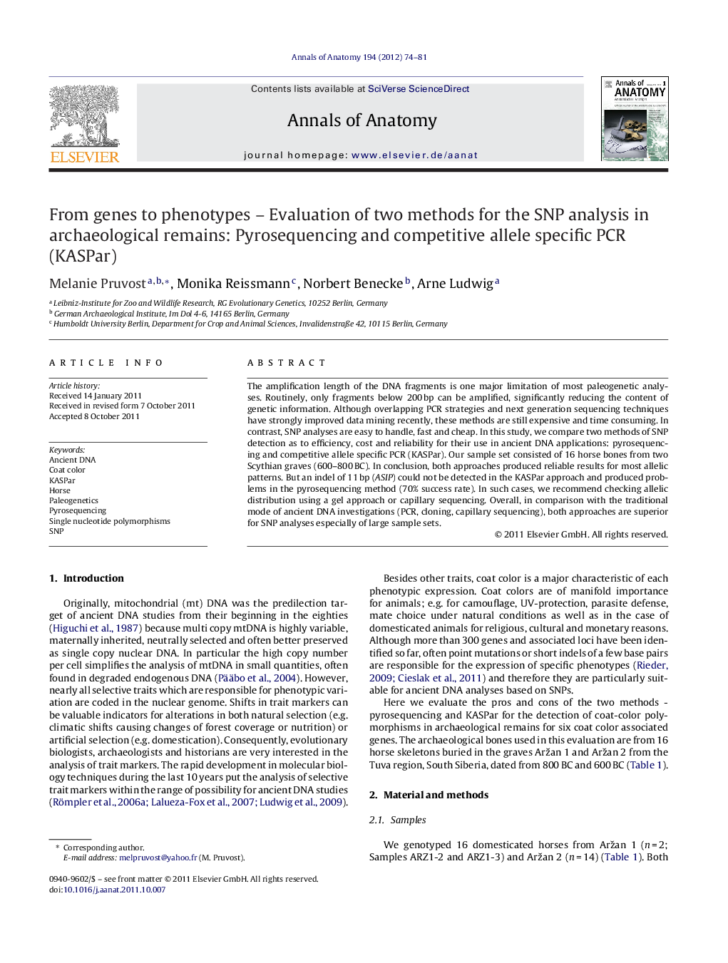 From genes to phenotypes - Evaluation of two methods for the SNP analysis in archaeological remains: Pyrosequencing and competitive allele specific PCR (KASPar)