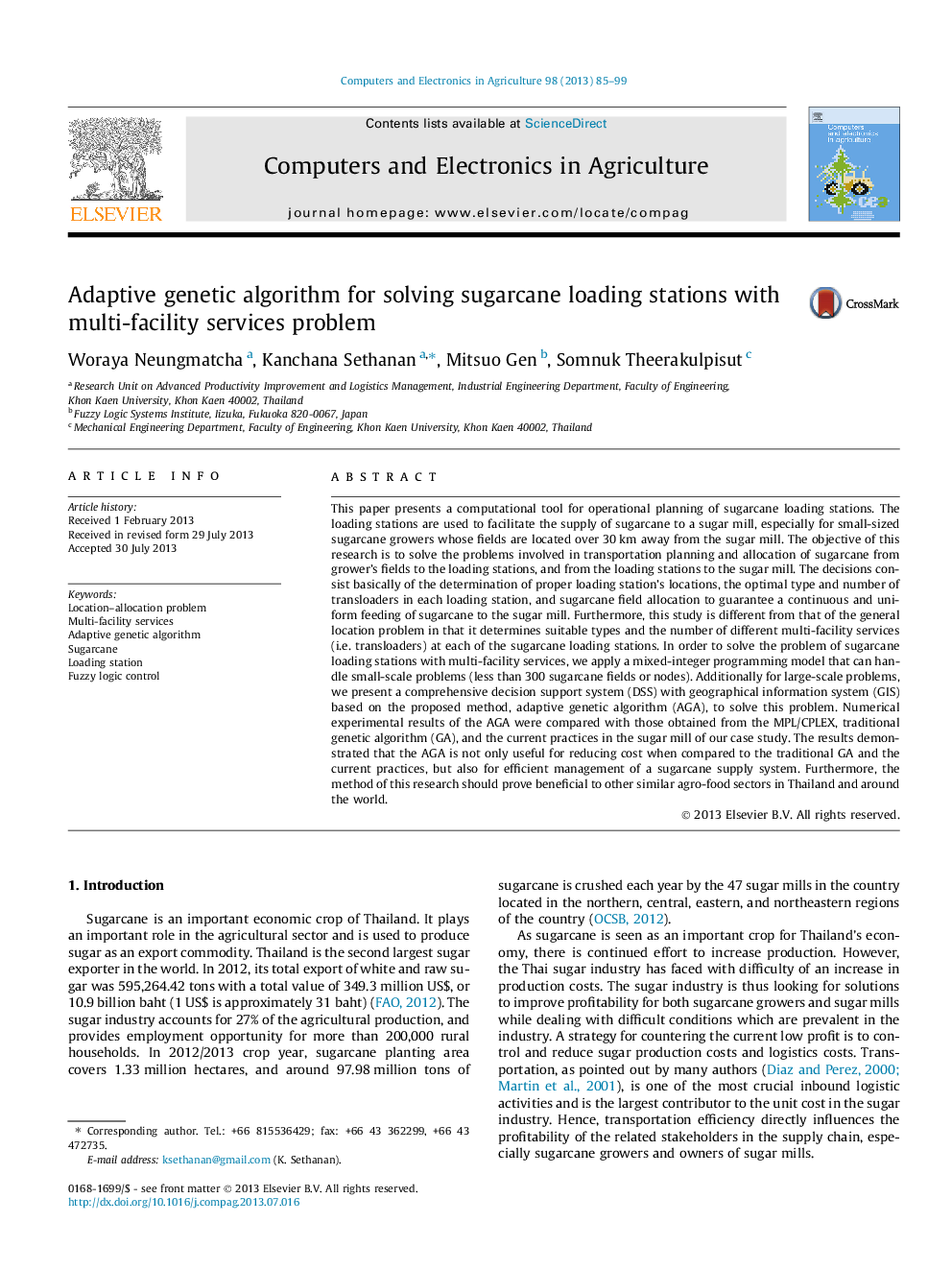 Adaptive genetic algorithm for solving sugarcane loading stations with multi-facility services problem