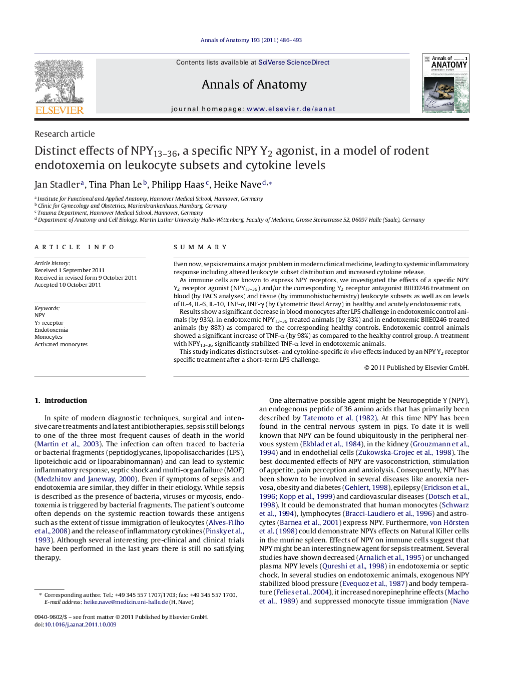 Distinct effects of NPY13-36, a specific NPY Y2 agonist, in a model of rodent endotoxemia on leukocyte subsets and cytokine levels