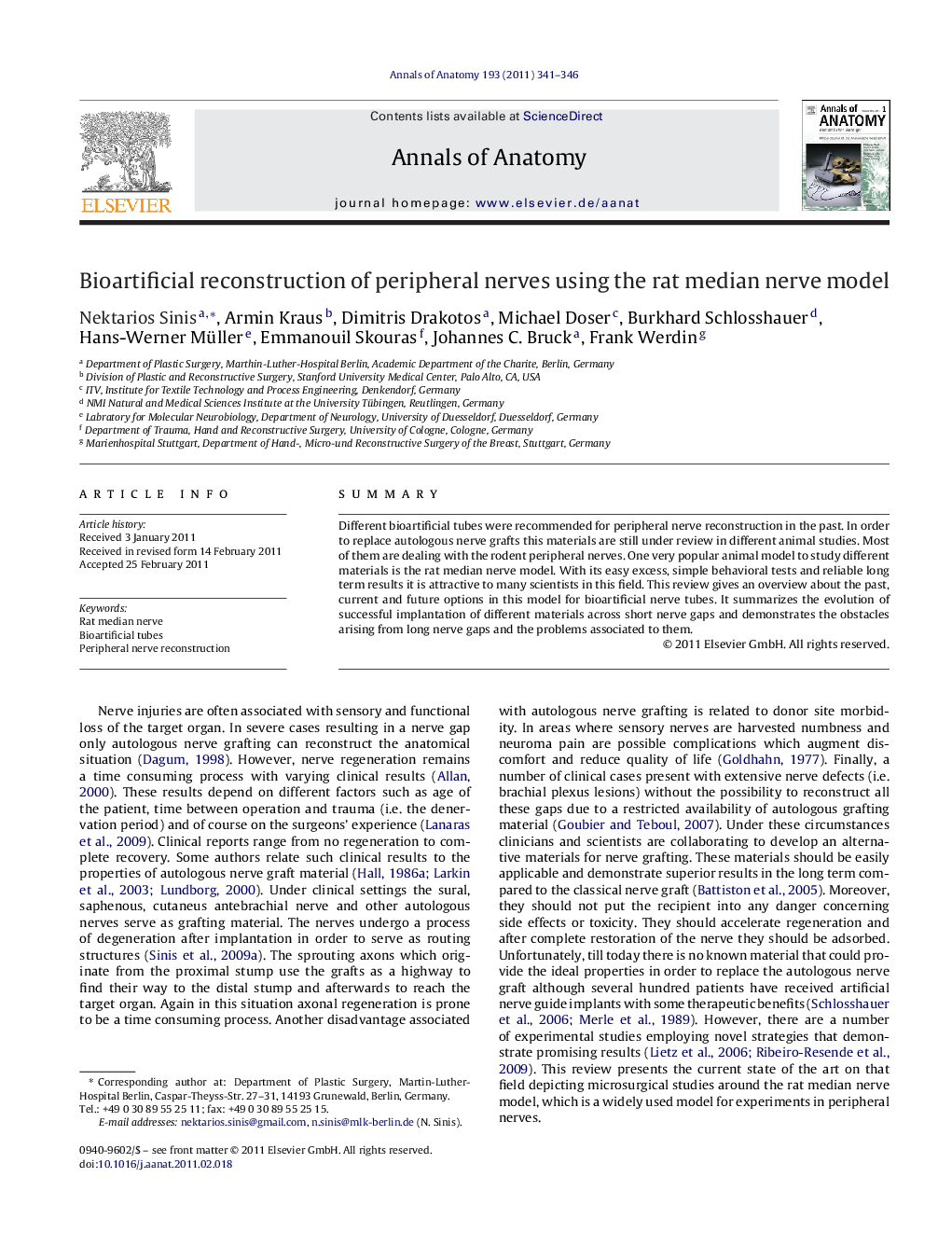 عکس صفحه اول مقاله: Bioartificial reconstruction of peripheral nerves using the rat median nerve model Bioartificial reconstruction of peripheral nerves using the rat median nerve model
