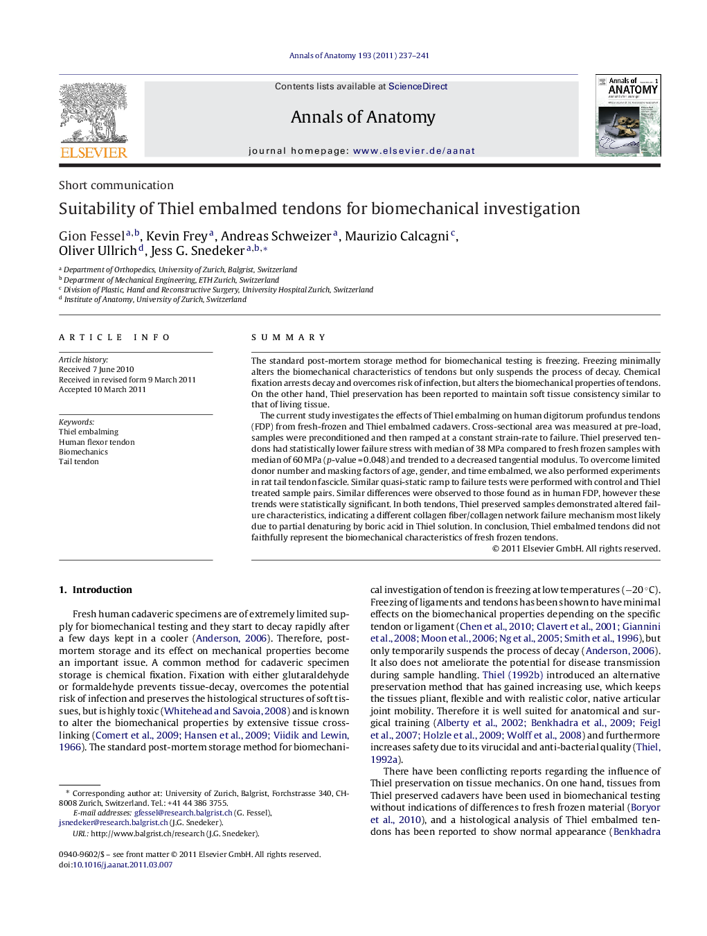 Suitability of Thiel embalmed tendons for biomechanical investigation