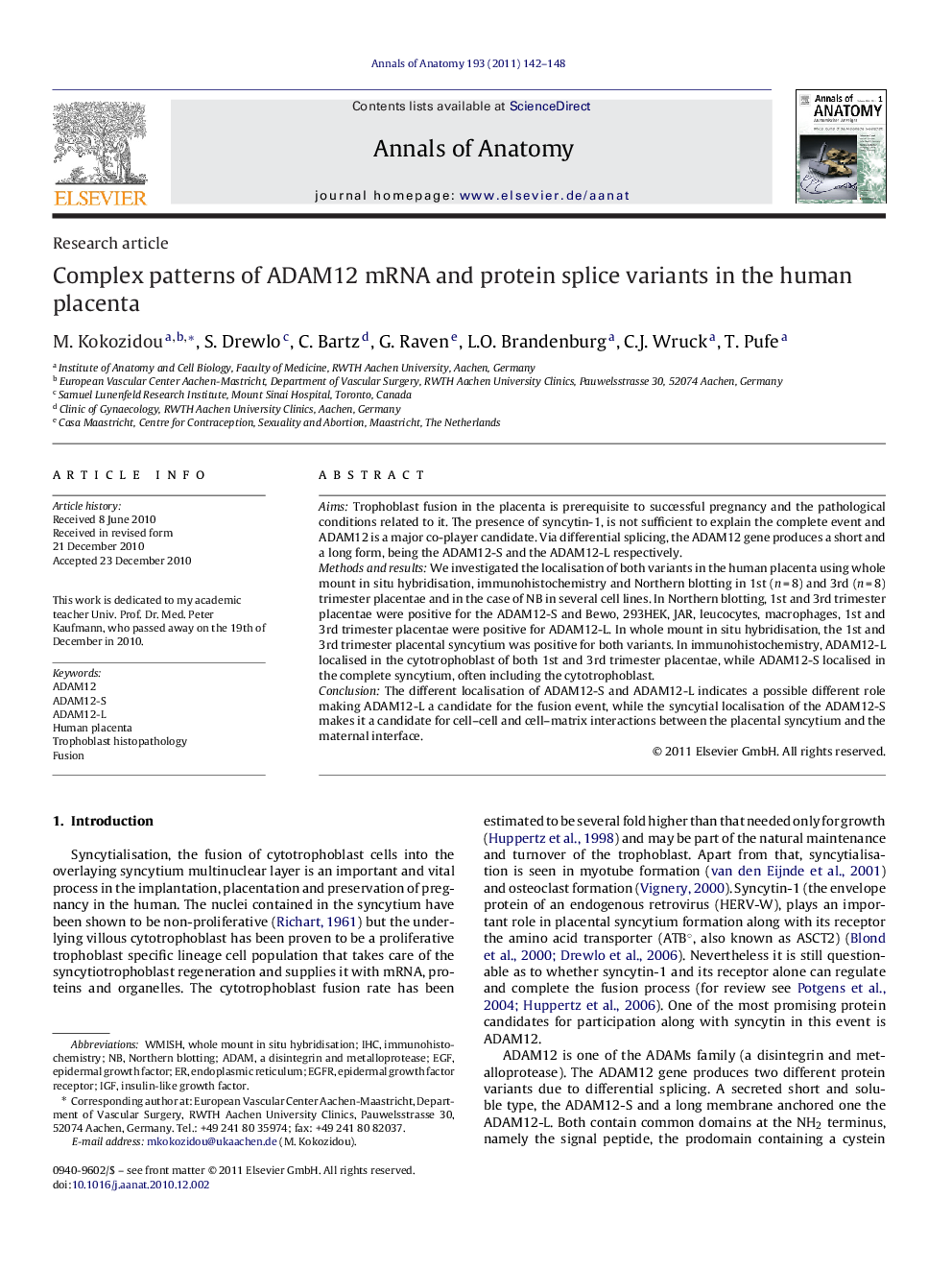 Complex patterns of ADAM12 mRNA and protein splice variants in the human placenta