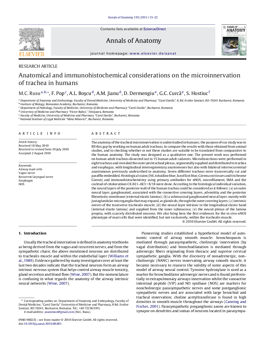 Anatomical and immunohistochemical considerations on the microinnervation of trachea in humans