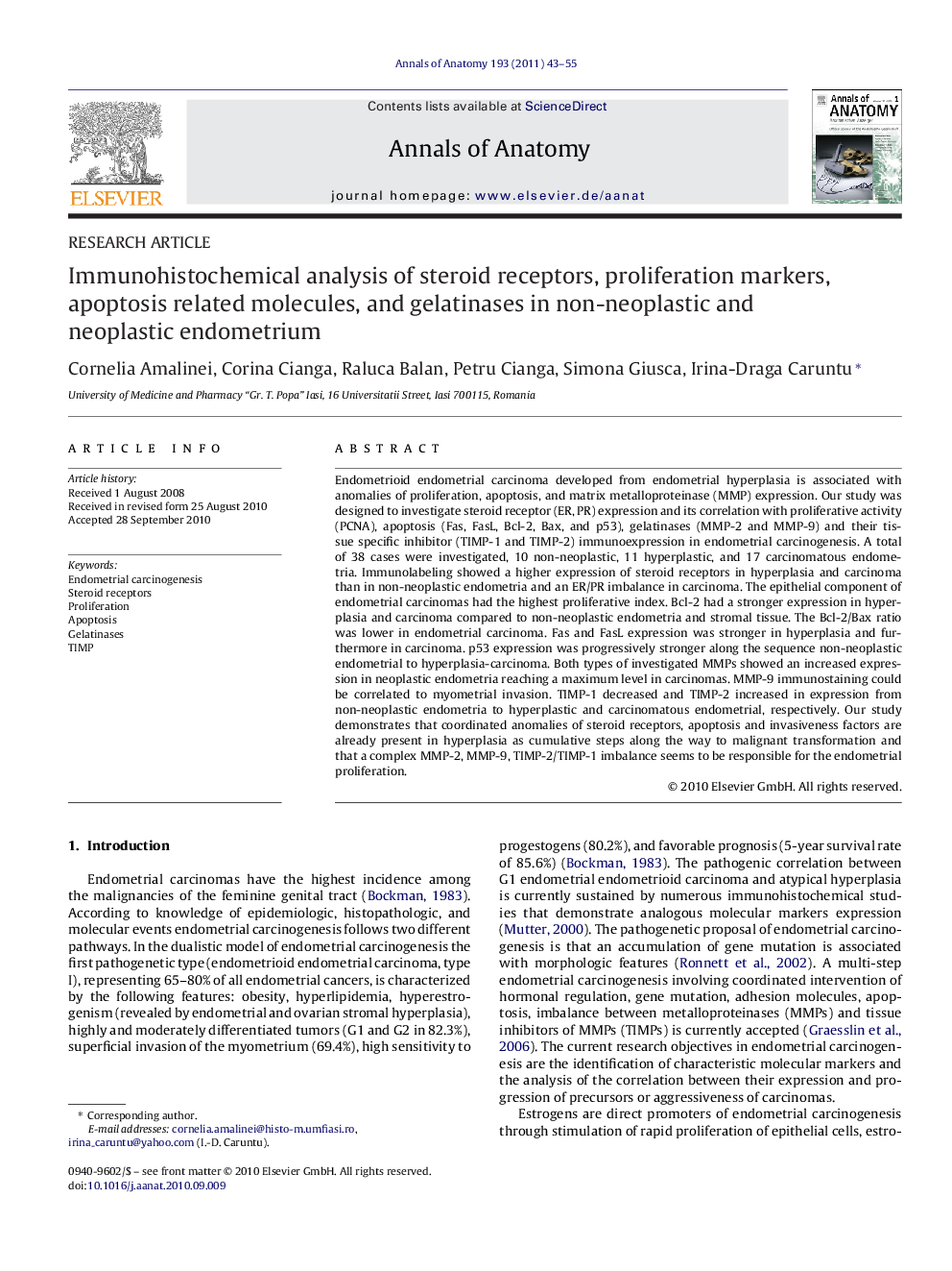 Immunohistochemical analysis of steroid receptors, proliferation markers, apoptosis related molecules, and gelatinases in non-neoplastic and neoplastic endometrium