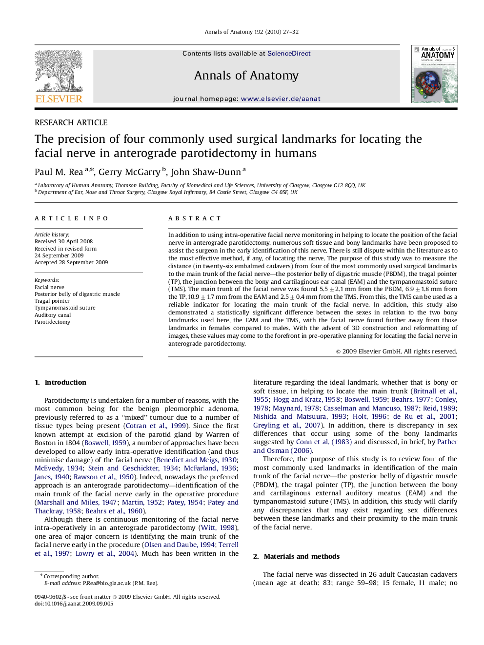 The precision of four commonly used surgical landmarks for locating the facial nerve in anterograde parotidectomy in humans