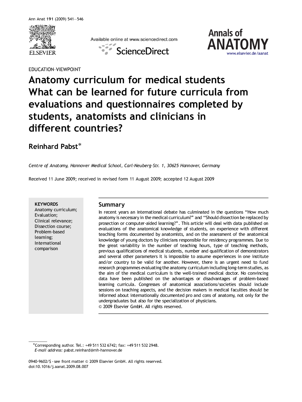 Anatomy curriculum for medical students