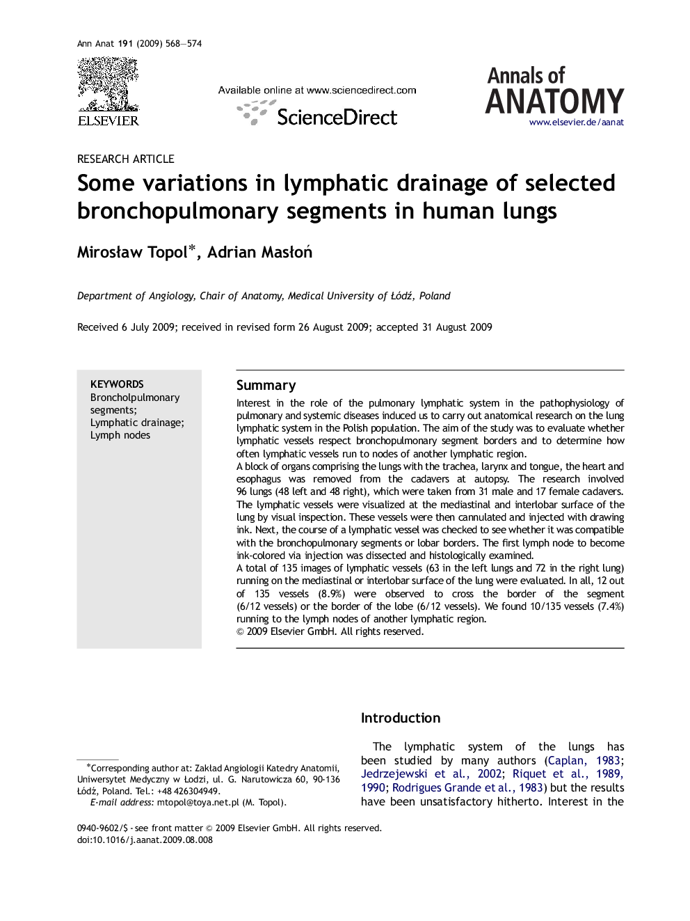 Some variations in lymphatic drainage of selected bronchopulmonary segments in human lungs