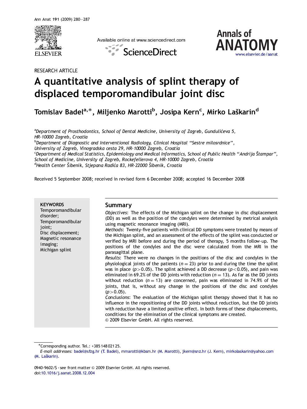 A quantitative analysis of splint therapy of displaced temporomandibular joint disc