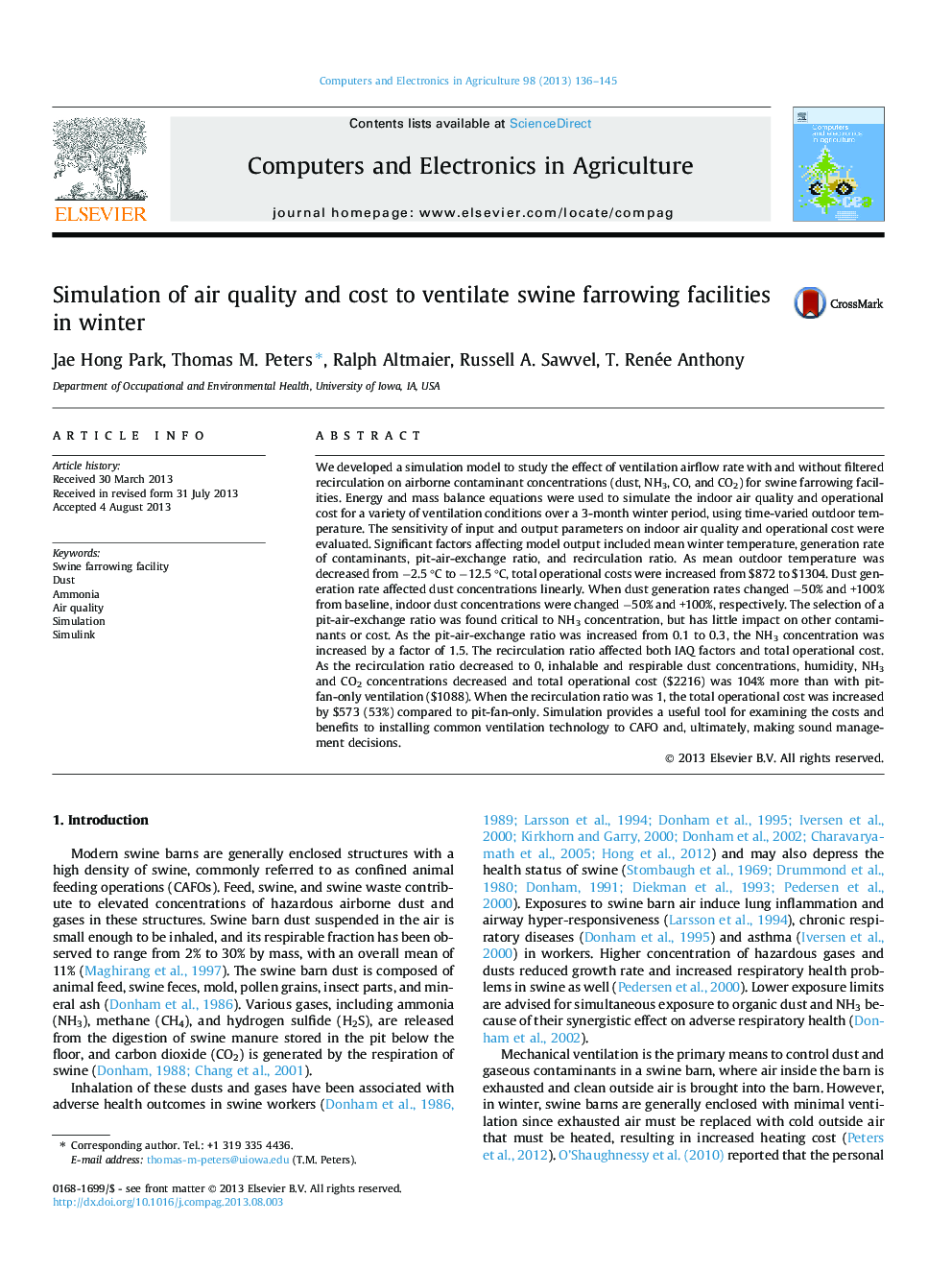 Simulation of air quality and cost to ventilate swine farrowing facilities in winter