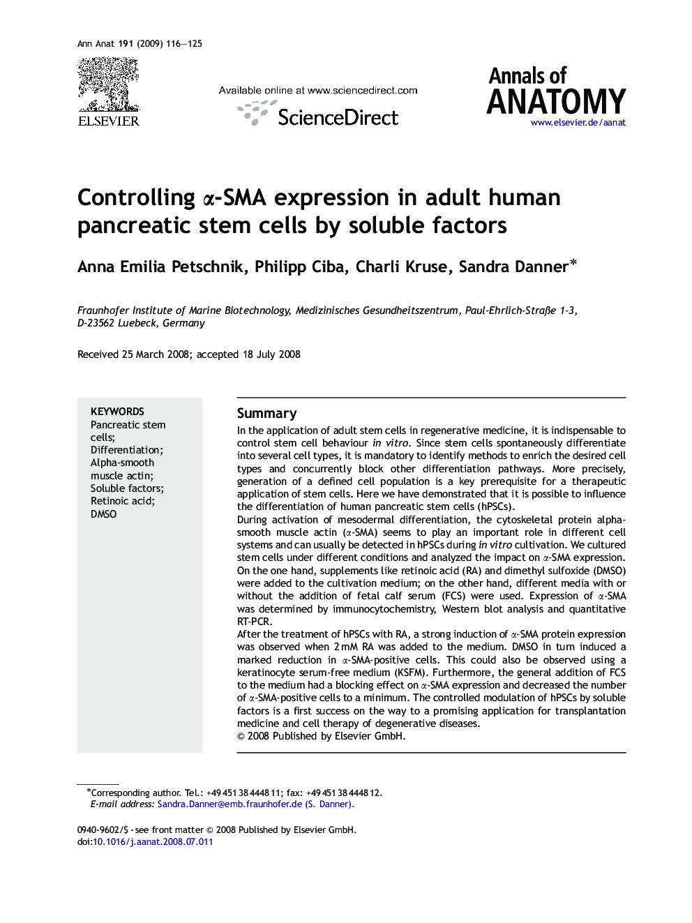 Controlling Î±-SMA expression in adult human pancreatic stem cells by soluble factors