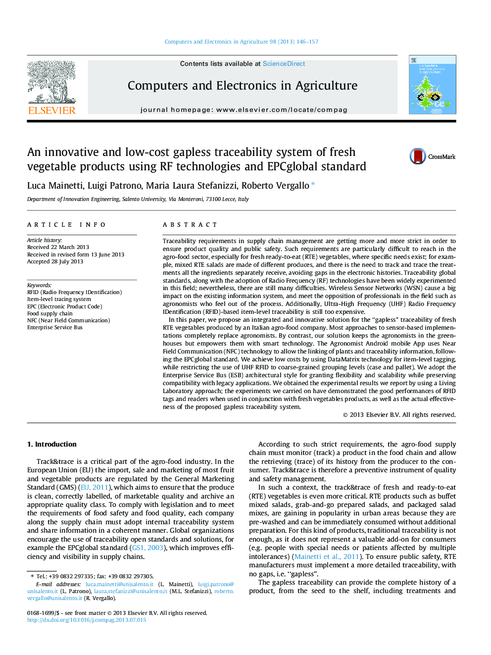 An innovative and low-cost gapless traceability system of fresh vegetable products using RF technologies and EPCglobal standard