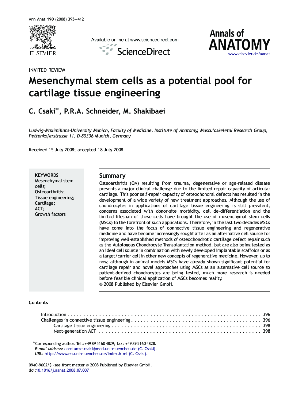 Mesenchymal stem cells as a potential pool for cartilage tissue engineering