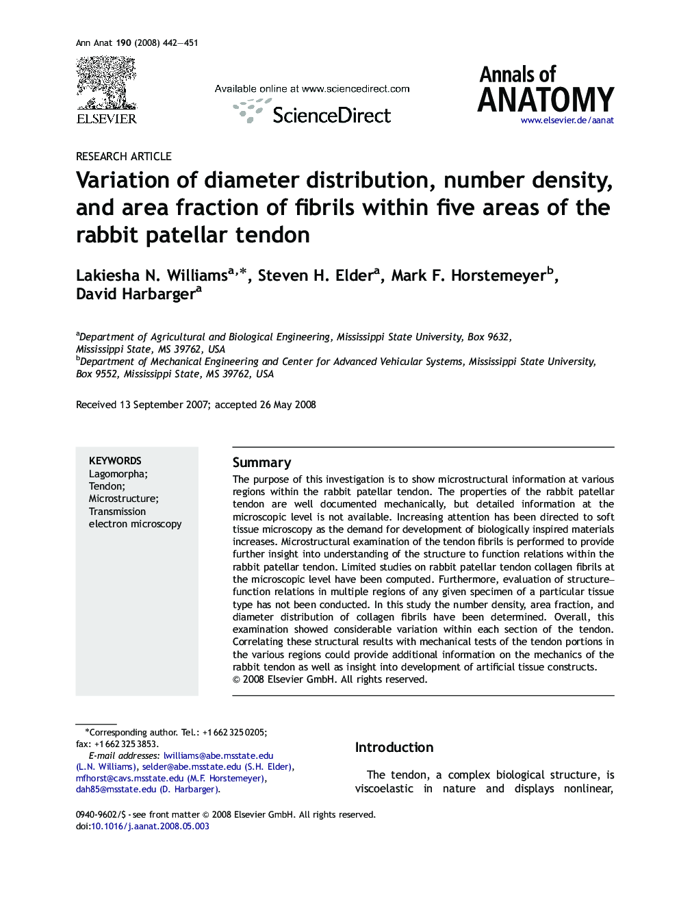 Variation of diameter distribution, number density, and area fraction of fibrils within five areas of the rabbit patellar tendon