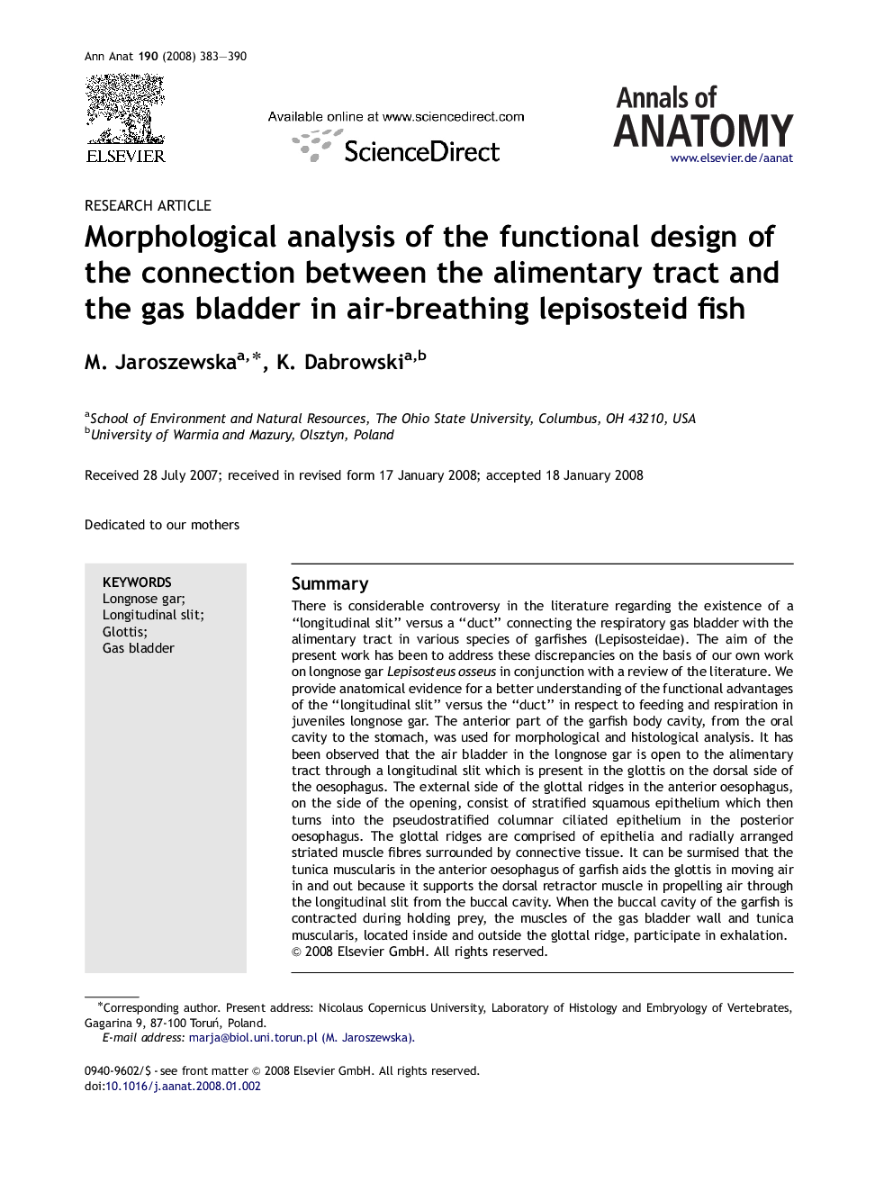 Morphological analysis of the functional design of the connection between the alimentary tract and the gas bladder in air-breathing lepisosteid fish