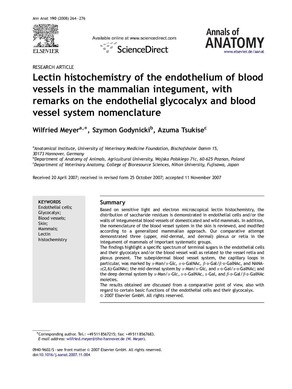 Lectin histochemistry of the endothelium of blood vessels in the mammalian integument, with remarks on the endothelial glycocalyx and blood vessel system nomenclature