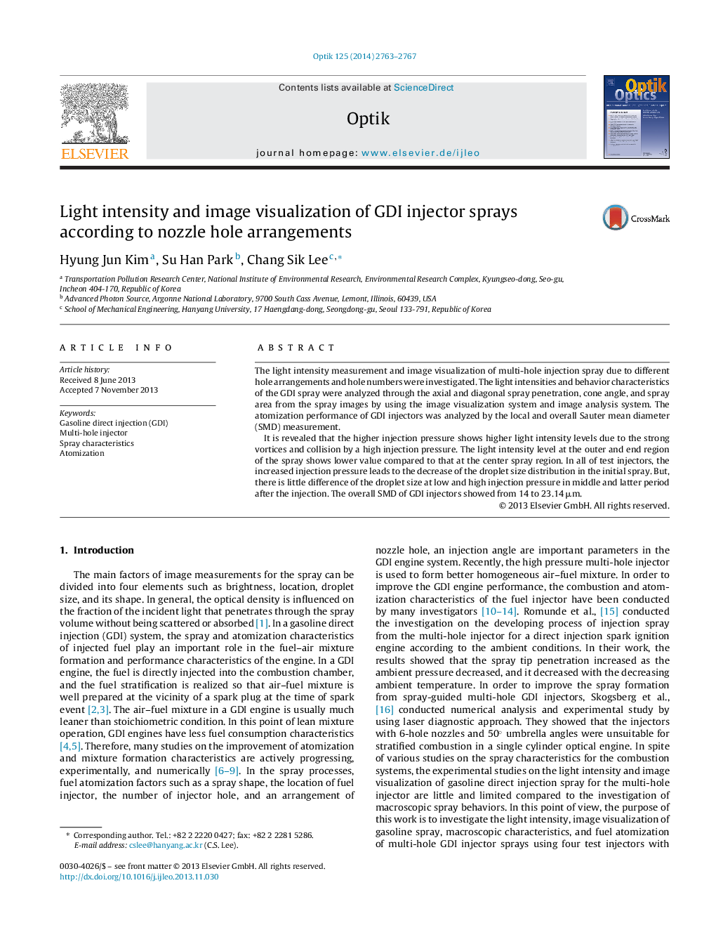 Light intensity and image visualization of GDI injector sprays according to nozzle hole arrangements