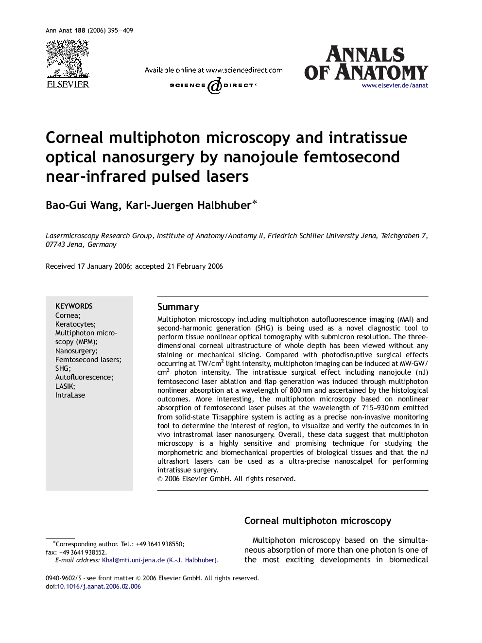 Corneal multiphoton microscopy and intratissue optical nanosurgery by nanojoule femtosecond near-infrared pulsed lasers