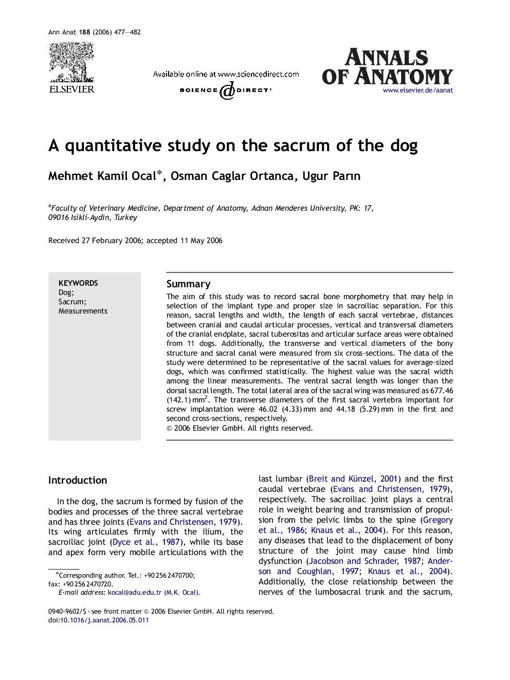 A quantitative study on the sacrum of the dog