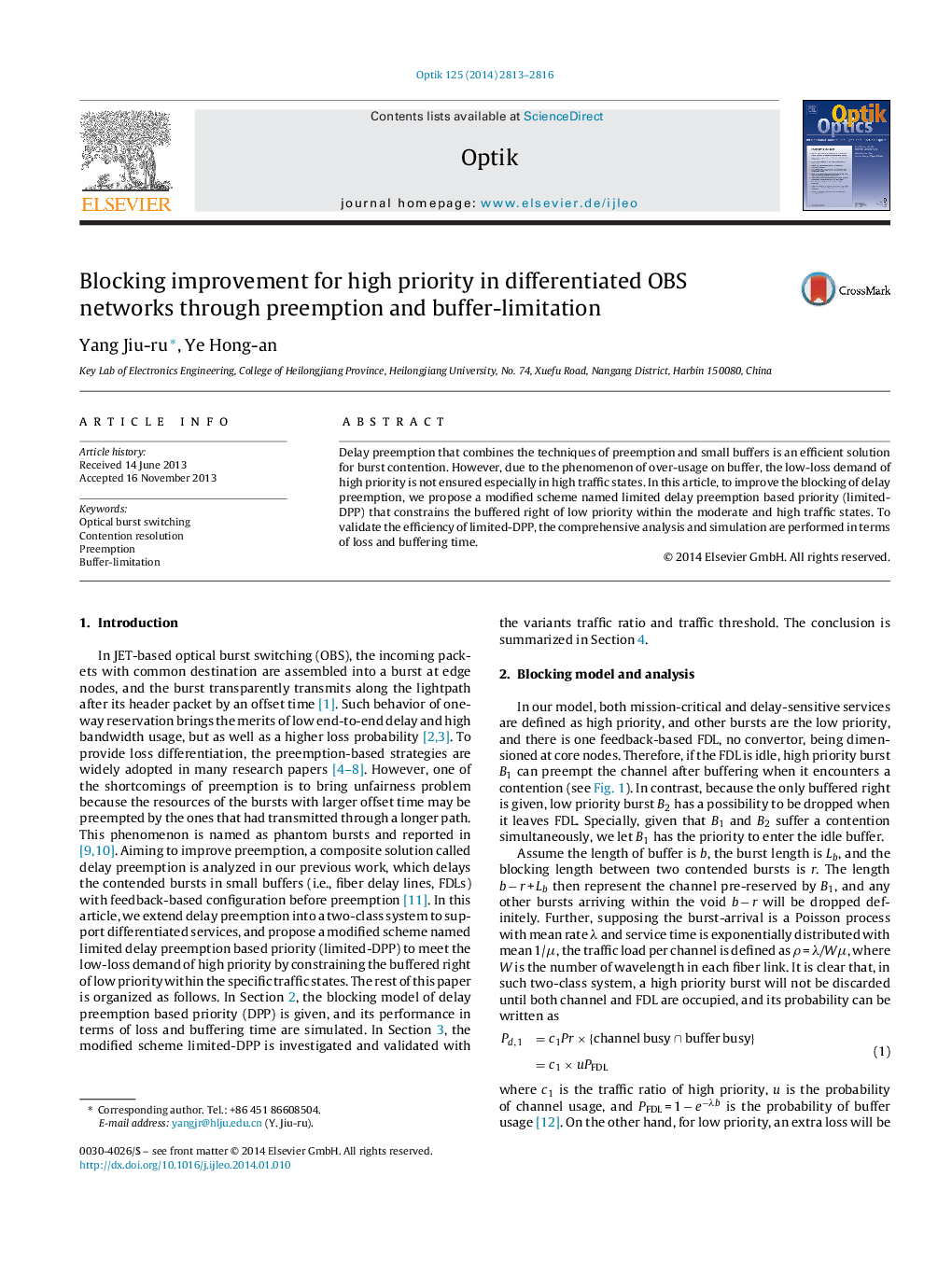 Blocking improvement for high priority in differentiated OBS networks through preemption and buffer-limitation