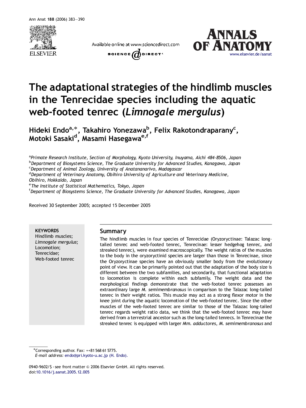 The adaptational strategies of the hindlimb muscles in the Tenrecidae species including the aquatic web-footed tenrec (Limnogale mergulus)