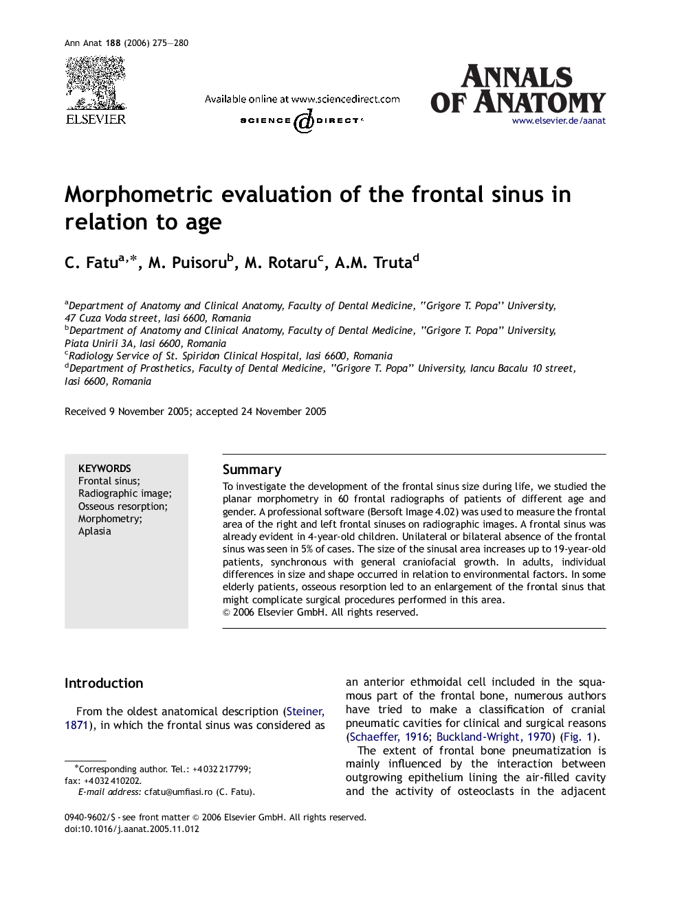 Morphometric evaluation of the frontal sinus in relation to age