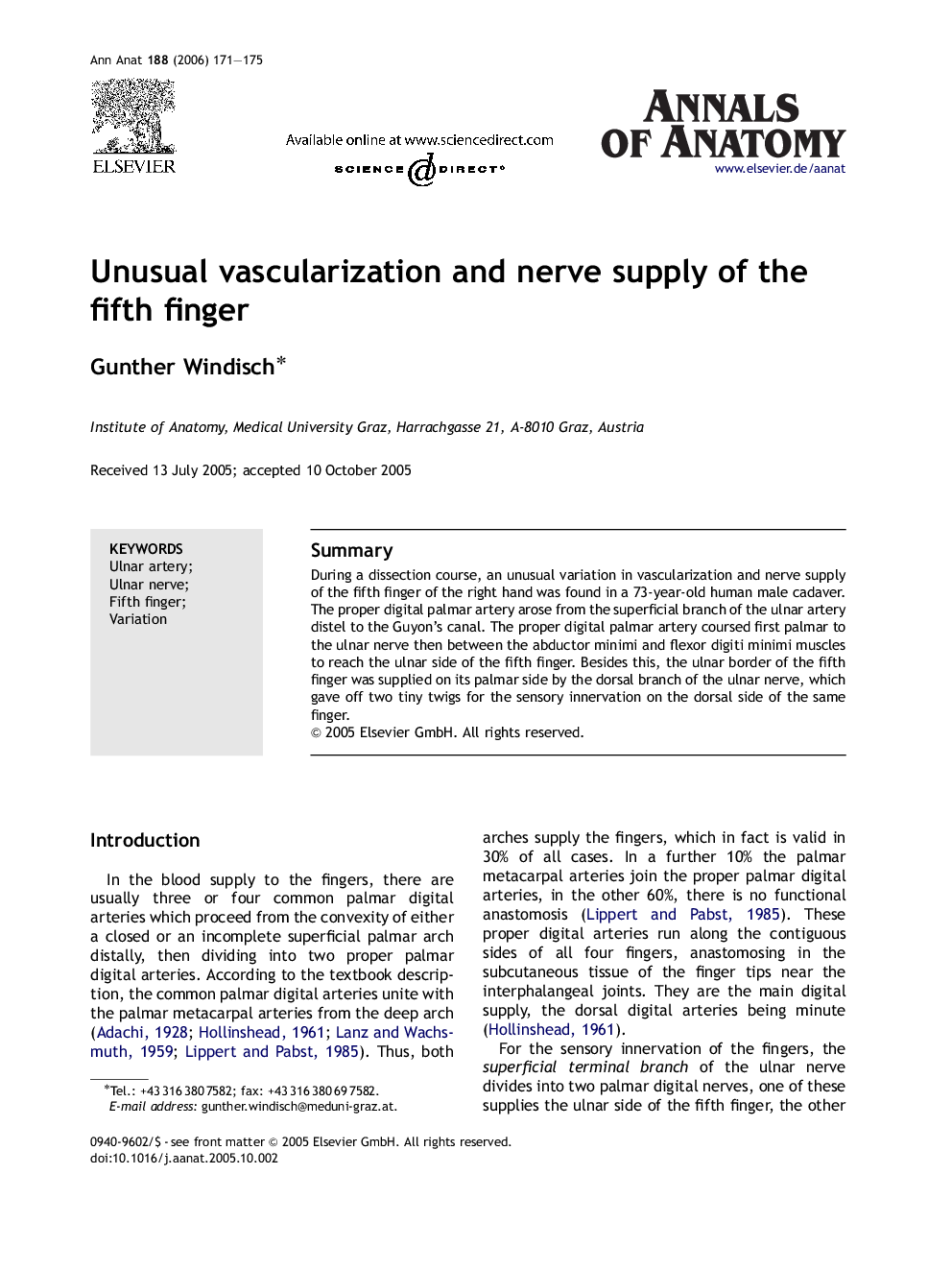 Unusual vascularization and nerve supply of the fifth finger