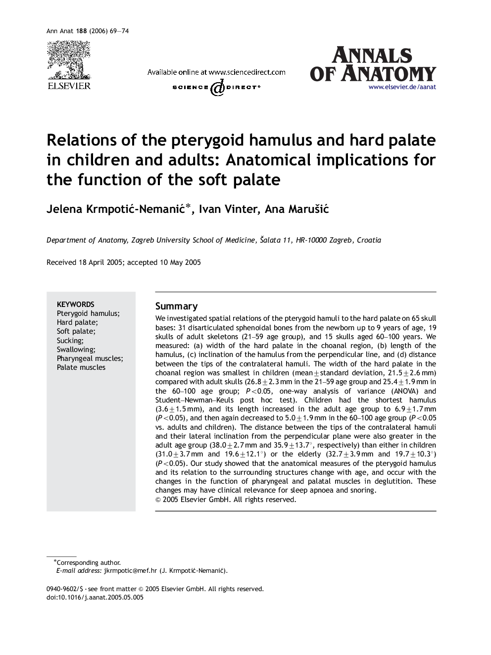 Relations of the pterygoid hamulus and hard palate in children and adults: Anatomical implications for the function of the soft palate