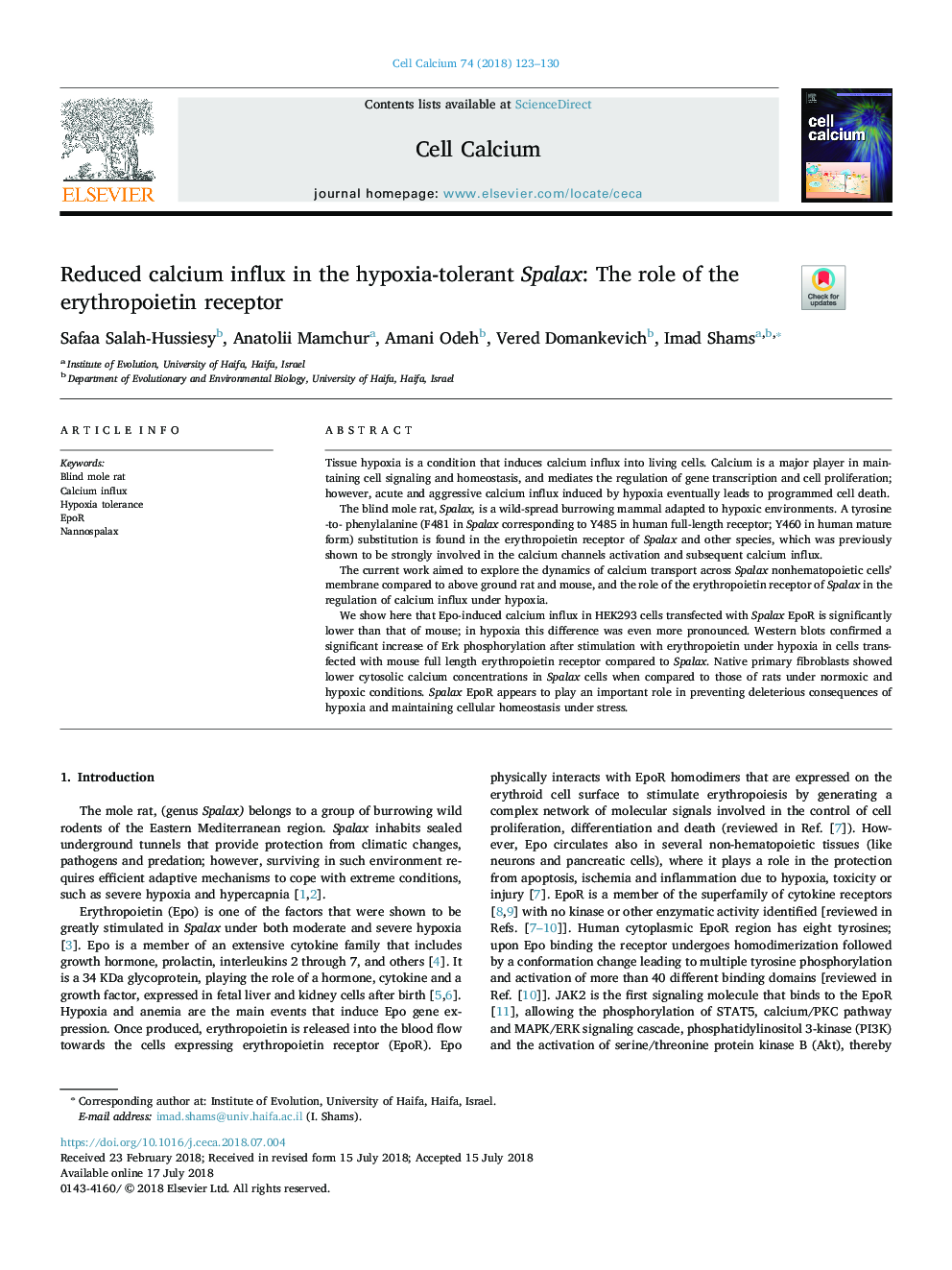 Reduced calcium influx in the hypoxia-tolerant Spalax: The role of the erythropoietin receptor