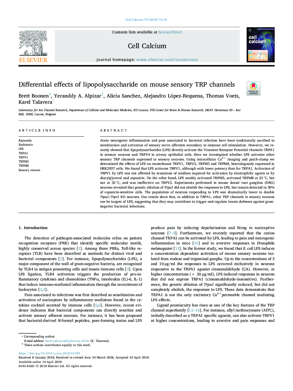 Differential effects of lipopolysaccharide on mouse sensory TRP channels