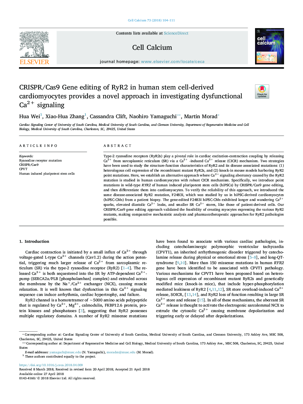 CRISPR/Cas9 Gene editing of RyR2 in human stem cell-derived cardiomyocytes provides a novel approach in investigating dysfunctional Ca2+ signaling