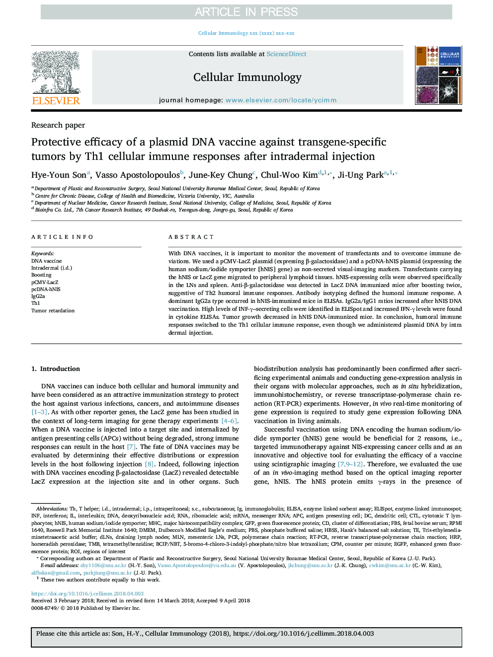 Protective efficacy of a plasmid DNA vaccine against transgene-specific tumors by Th1 cellular immune responses after intradermal injection